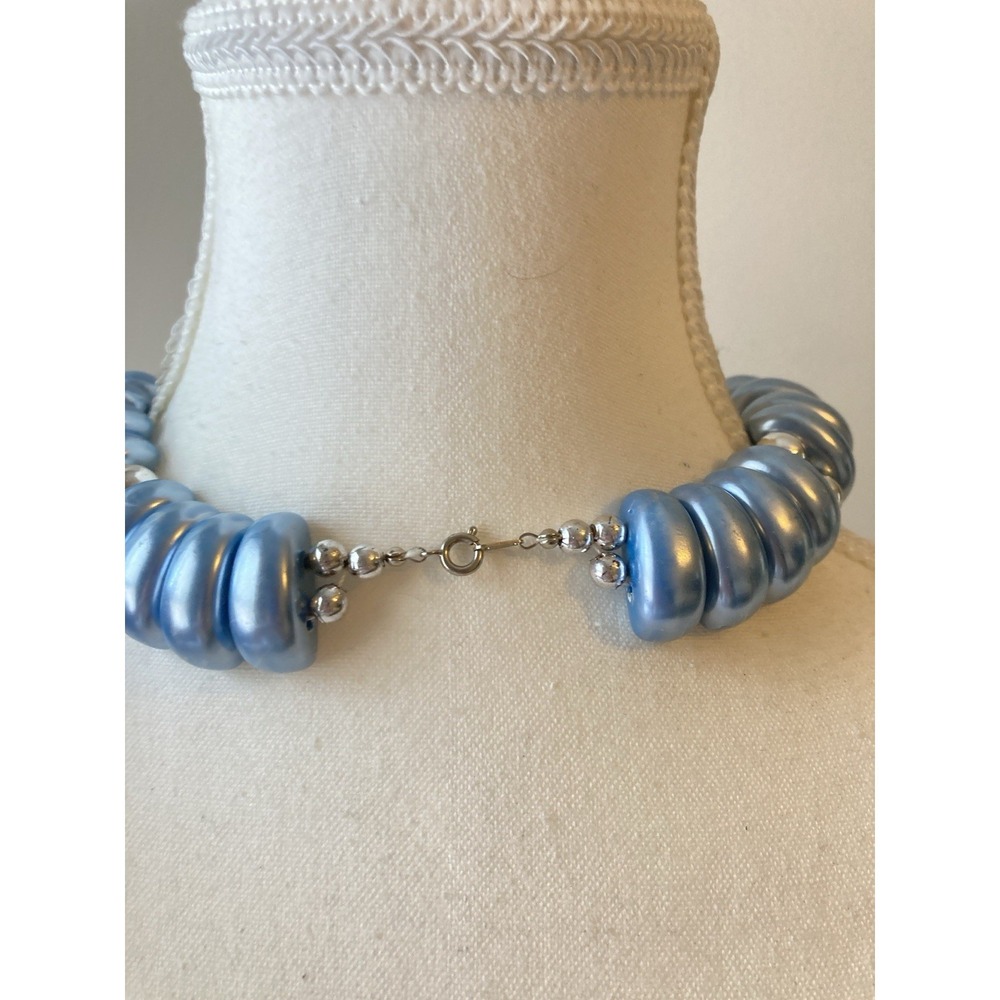 Vintage Blue Ribbed Bead Choker Necklace Silver Tone Retro Statement Chunky Glam - Picture 3 of 7
